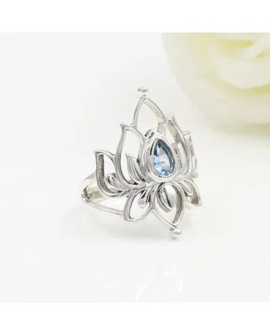 Lotus Blue Topaz Ring - 925 Sterling Silver Ring Engagement Ring Promise Ring Statement Ring December Birthstone Women's Ring
