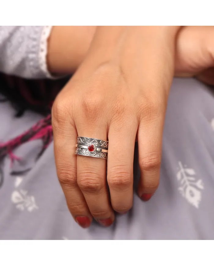 Garnet Ring - Sterling Silver Ring Handmade Ring Meditation Ring Wide Band Ring Thumb Ring Dainty Ring for Him & Her