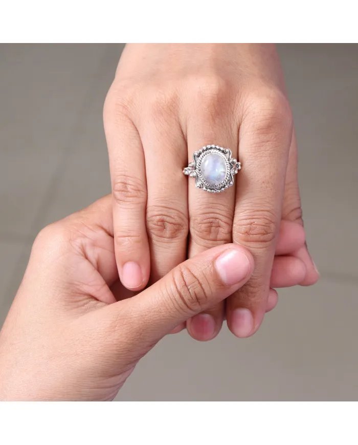 Rainbow Moonstone Ring - 925 Sterling Silver Oval Cabochon Boho Style