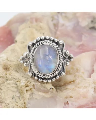 Rainbow Moonstone Ring - 925 Sterling Silver Oval Cabochon Boho Style