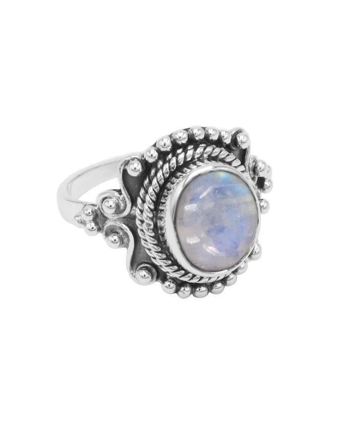 Rainbow Moonstone Ring - 925 Sterling Silver Oval Cabochon Boho Style