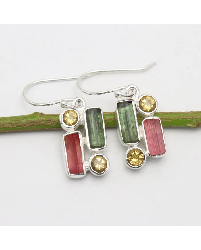Tourmaline & Citrine Dangle Earrings - 925 Sterling Silver Jewelry