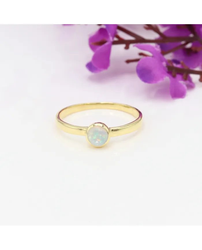 Genuine Ethiopian Opal Ring - Sterling Silver Gold Plated Ring Dainty Ring October Birthstone Ring for Her