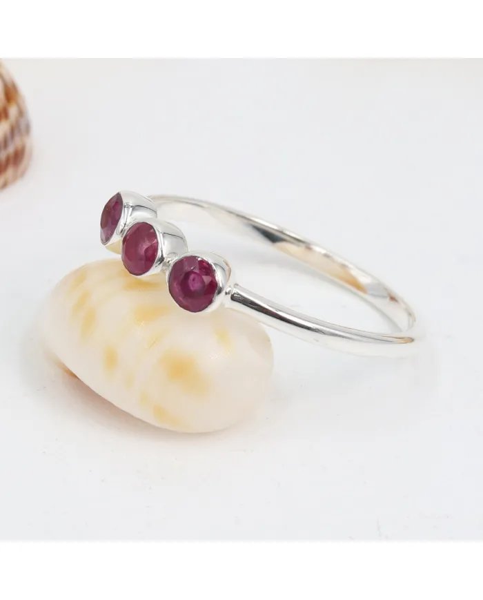 Natural Ruby Ring - Sterling Silver Half Eternity Band Ring Handcrafted Jewelry