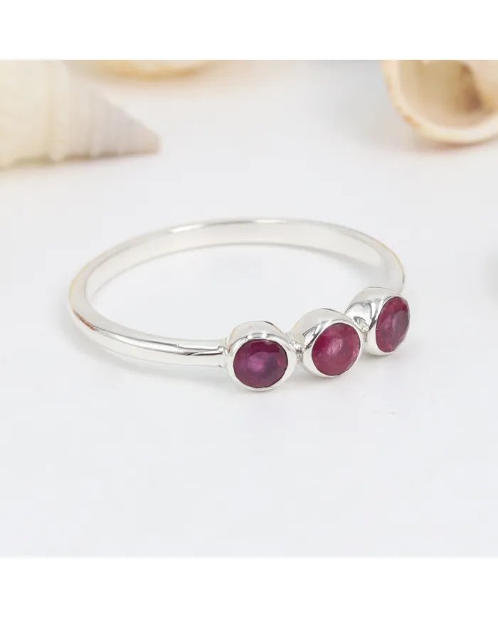 Natural Ruby Ring - Sterling Silver Half Eternity Band Ring Handcrafted Jewelry