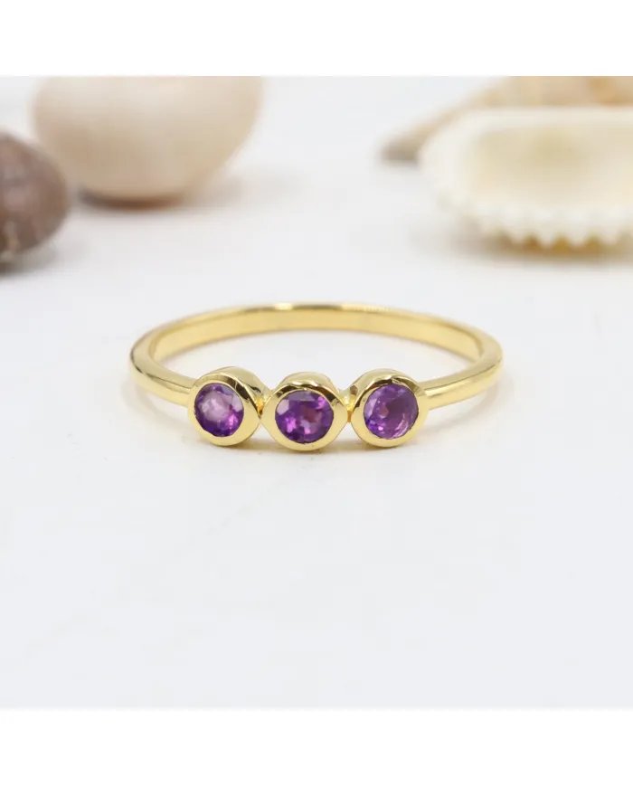 Genuine Amethyst Ring - Sterling Silver Gold Plated Half Eternity Band Ring Handmade Unique Jewelry