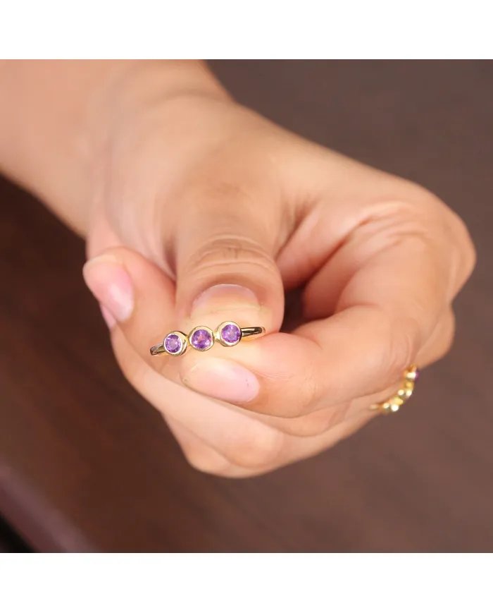 Genuine Amethyst Ring - Sterling Silver Gold Plated Half Eternity Band Ring Handmade Unique Jewelry