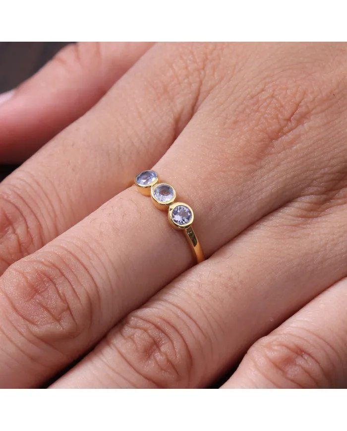 Vintage Tanzanite Ring - Sterling Silver with Gold Plated Half Eternity Band Ring Handmade Dainty Jewelry