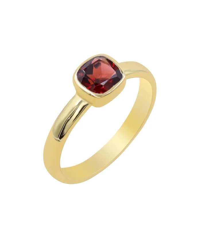 Natural Garnet Ring - Sterling Silver with Gold Plated Ring Handmade Ring Cushion Shape Dainty Ring