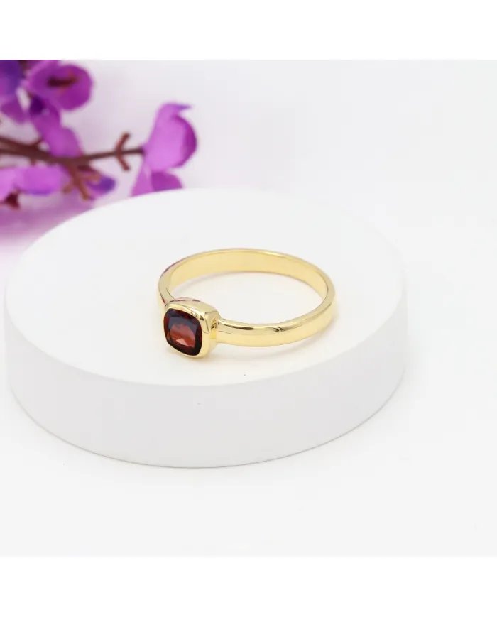 Natural Garnet Ring - Sterling Silver with Gold Plated Ring Handmade Ring Cushion Shape Dainty Ring