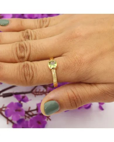 Natural Peridot Ring - Sterling Silver with Gold Plated Ring Handmade Ring Cushion Shape Dainty Ring
