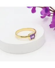 Natural Amethyst Ring - Sterling Silver with Gold Plated Ring Handmade Ring Cushion Shape Dainty Ring