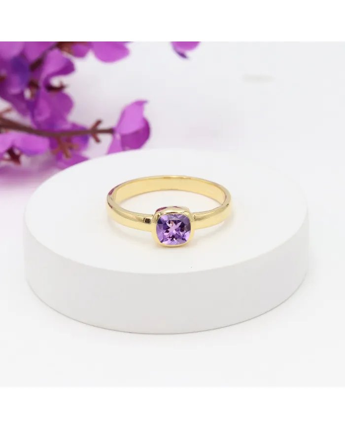 Natural Amethyst Ring - Sterling Silver with Gold Plated Ring Handmade Ring Cushion Shape Dainty Ring