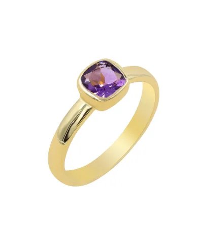 Natural Amethyst Ring - Sterling Silver with Gold Plated Ring Handmade Ring Cushion Shape Dainty Ring