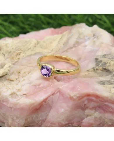 Natural Amethyst Ring - Sterling Silver with Gold Plated Ring Handmade Ring Cushion Shape Dainty Ring