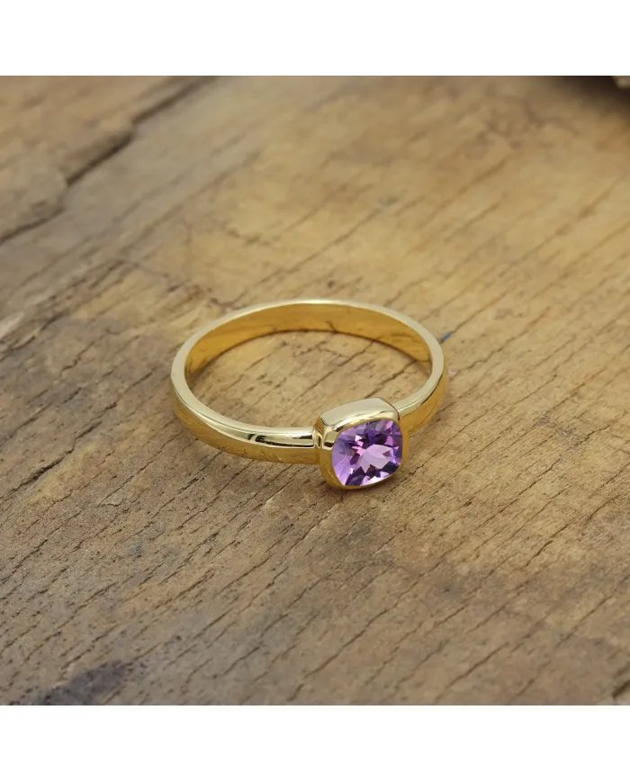 Natural Amethyst Ring - Sterling Silver with Gold Plated Ring Handmade Ring Cushion Shape Dainty Ring