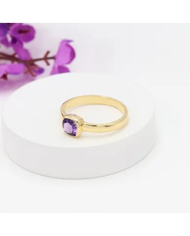 Natural Amethyst Ring - Sterling Silver with Gold Plated Ring Handmade Ring Cushion Shape Dainty Ring