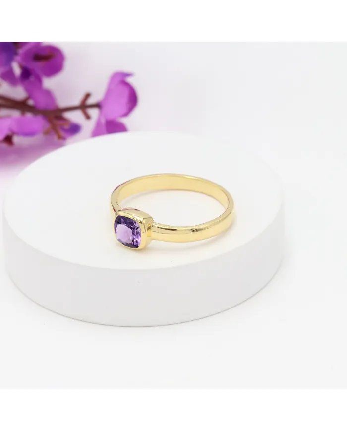 Natural Amethyst Ring - Sterling Silver with Gold Plated Ring Handmade Ring Cushion Shape Dainty Ring