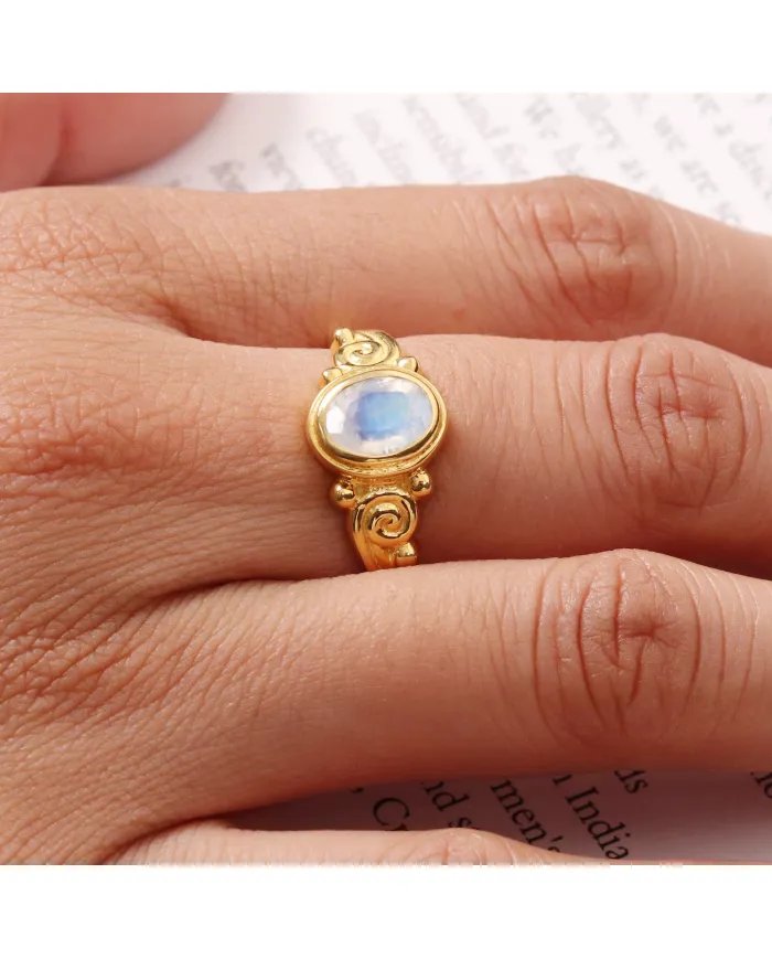 Handmade Rainbow Moonstone Ring - Gold Plated Sterling Silver Statement Gemstone Jewelry for Women