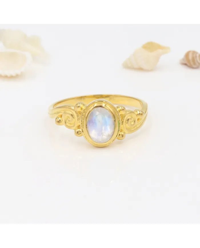 Handmade Rainbow Moonstone Ring - Gold Plated Sterling Silver Statement Gemstone Jewelry for Women