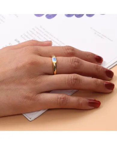 Moonstone Ring - Sterling Silver Gold Plated Band Ring Handmade Baguette Engagement Ring for Women