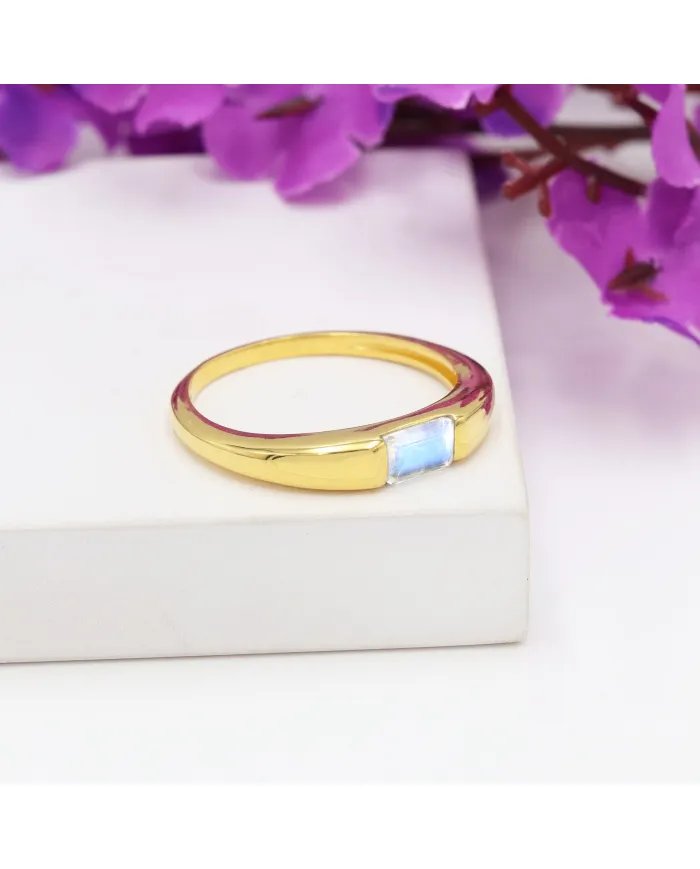 Moonstone Ring - Sterling Silver Gold Plated Band Ring Handmade Baguette Engagement Ring for Women