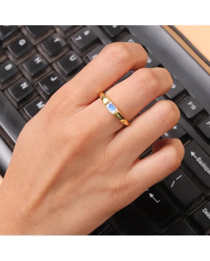 Moonstone Ring - Sterling Silver Gold Plated Band Ring Handmade Baguette Engagement Ring for Women