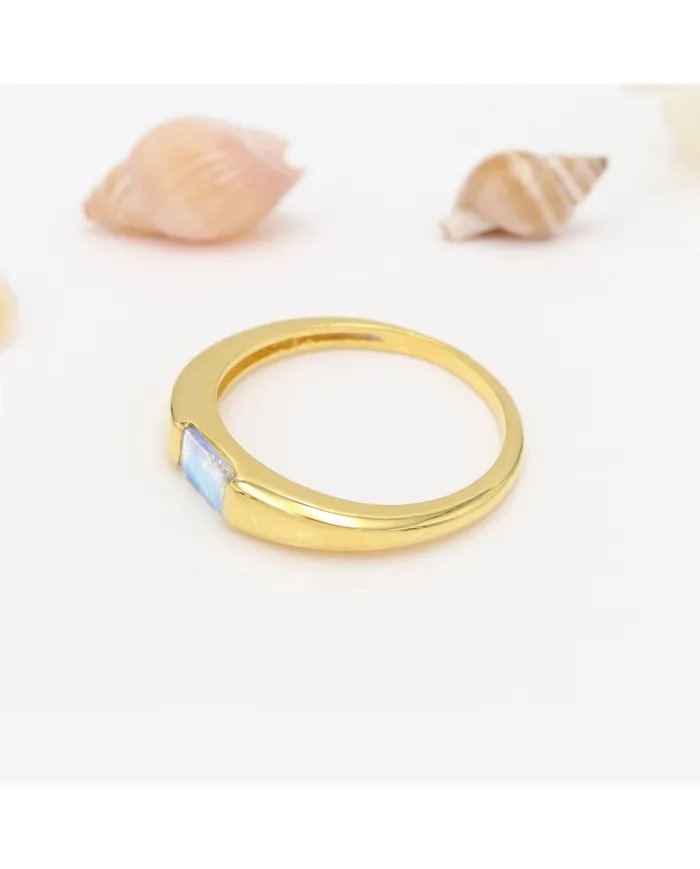 Moonstone Ring - Sterling Silver Gold Plated Band Ring Handmade Baguette Engagement Ring for Women