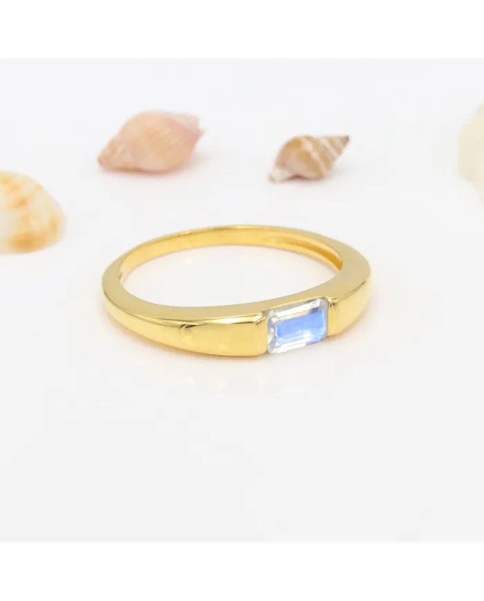 Moonstone Ring - Sterling Silver Gold Plated Band Ring Handmade Baguette Engagement Ring for Women