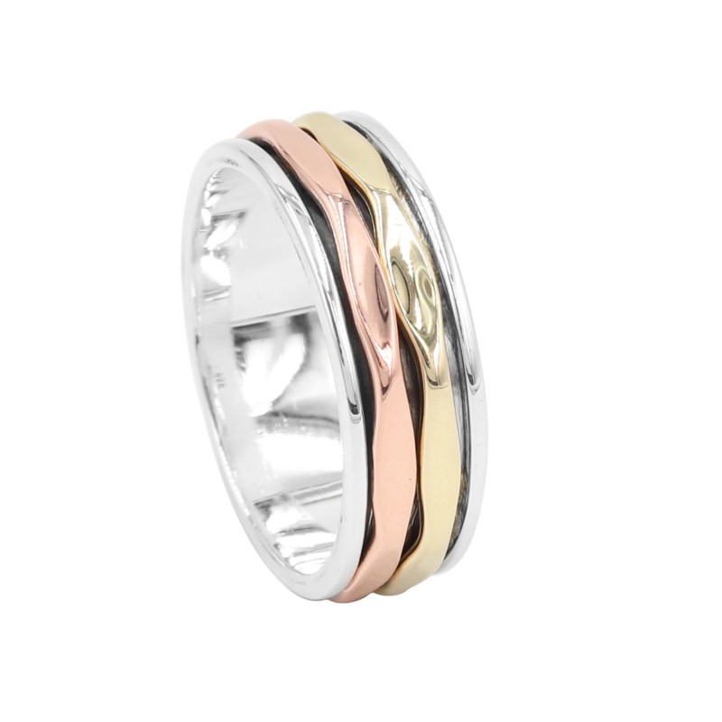 925 Sterling Silver Brass and Copper Spinner Ring, Meditation Spinner Ring