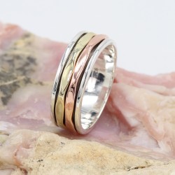 925 Sterling Silver Brass and Copper Spinner Ring, Meditation Spinner Ring