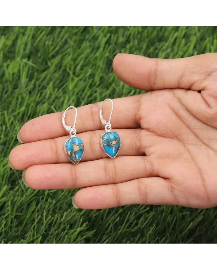 Natural Blue Copper Turquoise Dangle Earrings – Sterling Silver Boho Jewelry for Women