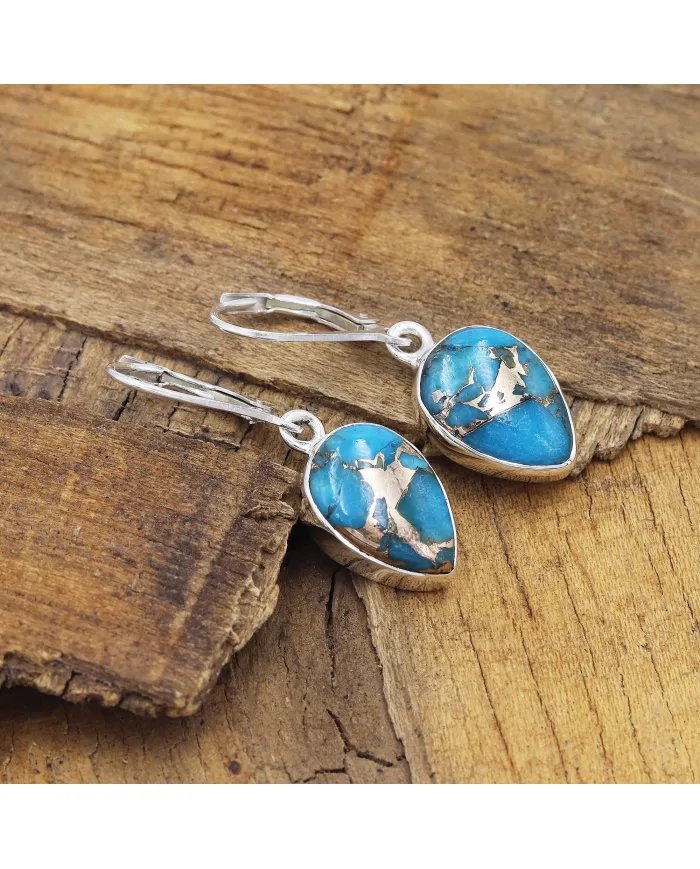 Natural Blue Copper Turquoise Dangle Earrings – Sterling Silver Boho Jewelry for Women