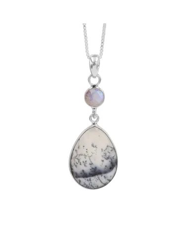 Natural Dendritic Opal & Moonstone Pendant – Handmade Sterling Silver Necklace for Women