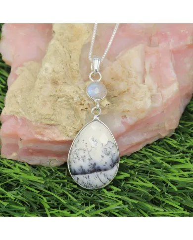 Natural Dendritic Opal & Moonstone Pendant – Handmade Sterling Silver Necklace for Women