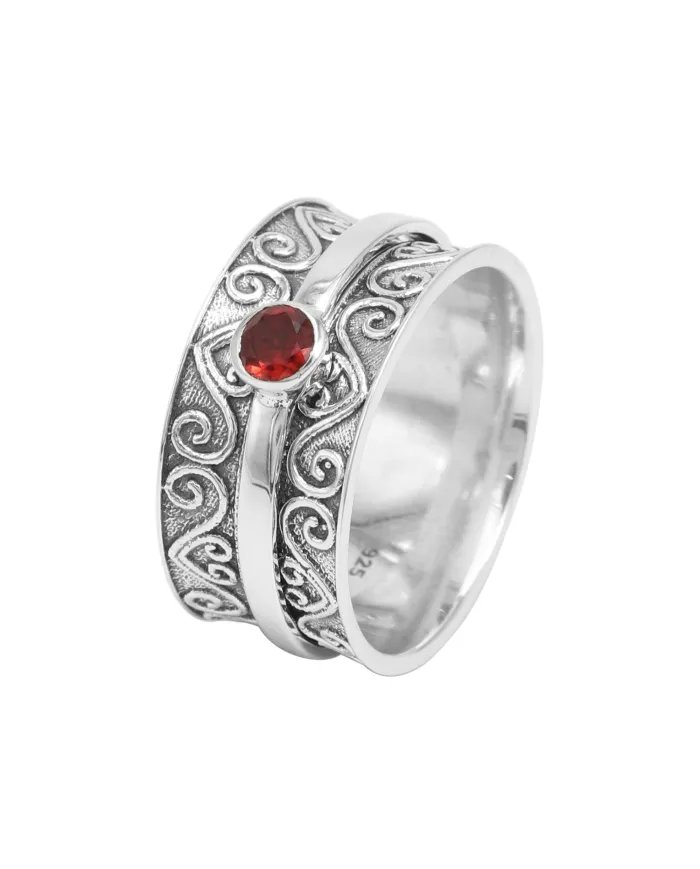 Garnet Ring - Sterling Silver Ring Handmade Ring Meditation Ring Wide Band Ring Thumb Ring Dainty Ring for Him & Her