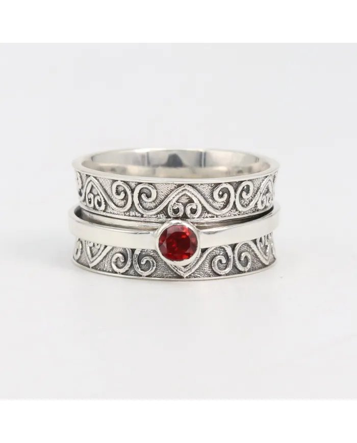 Garnet Ring - Sterling Silver Ring Handmade Ring Meditation Ring Wide Band Ring Thumb Ring Dainty Ring for Him & Her