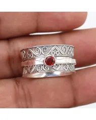 Garnet Ring - Sterling Silver Ring Handmade Ring Meditation Ring Wide Band Ring Thumb Ring Dainty Ring for Him & Her