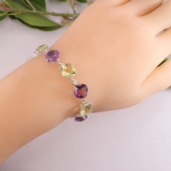 Amethyst, Peridot, and Lemon Quartz Bracelet, 925 Sterling Silver Link Bracelet