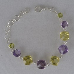 Amethyst, Peridot, and Lemon Quartz Bracelet, 925 Sterling Silver Link Bracelet