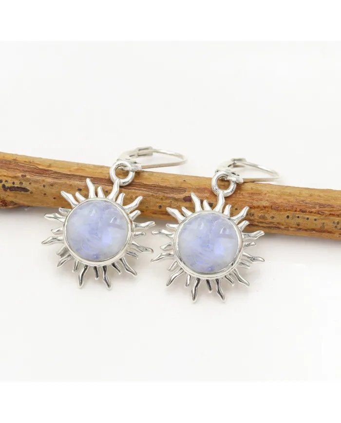 Natural Moonstone Face Carved Earrings - Sterling Silver Dangle Earrings for Women
