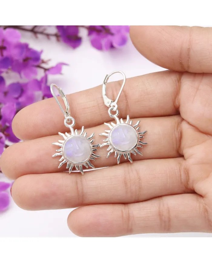 Natural Moonstone Face Carved Earrings - Sterling Silver Dangle Earrings for Women