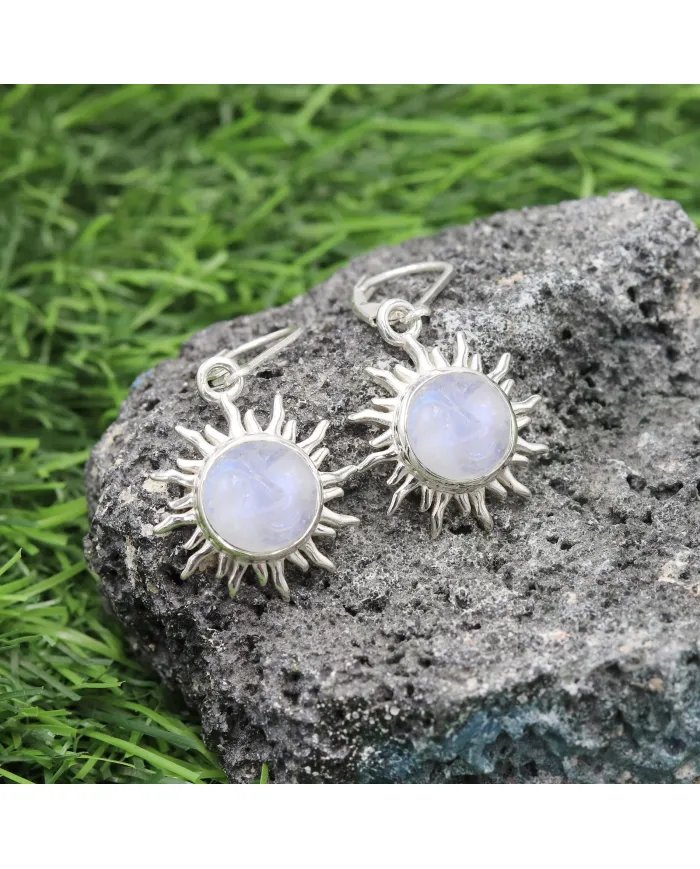 Rainbow Moonstone Face Carved Earrings - 925 Sterling Silver Jewelry