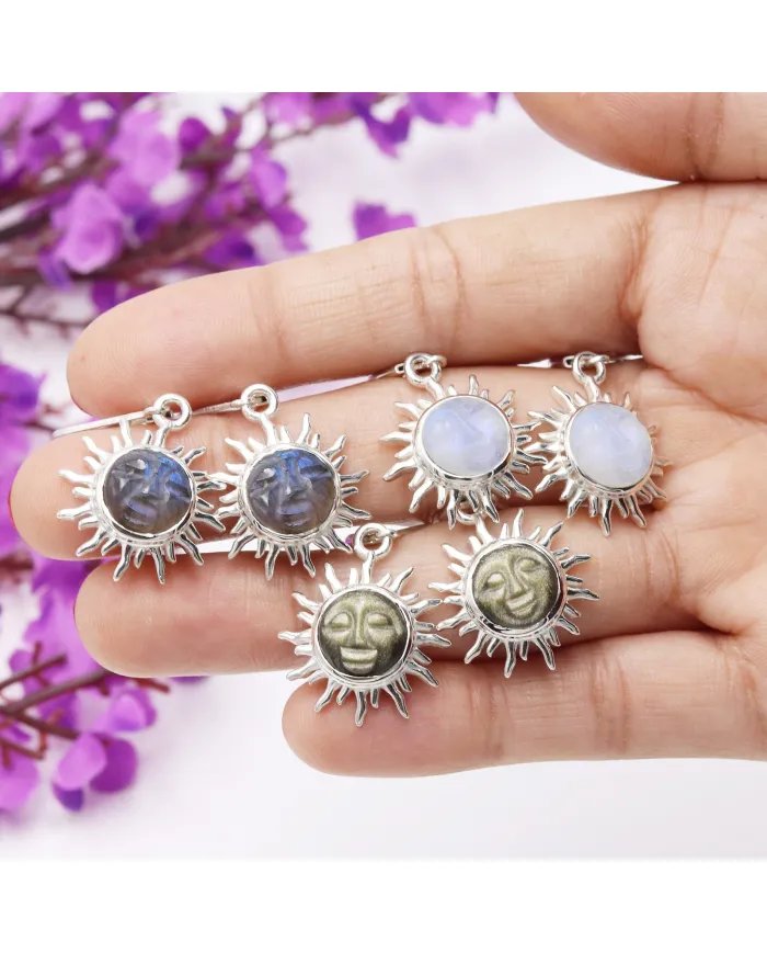 Natural Moonstone Face Carved Earrings - Sterling Silver Dangle Earrings for Women