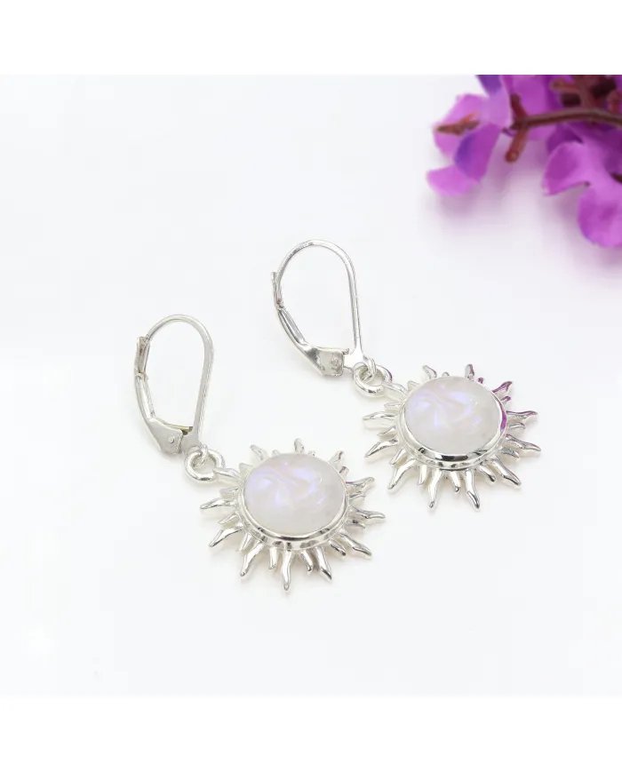 Natural Moonstone Face Carved Earrings - Sterling Silver Dangle Earrings for Women