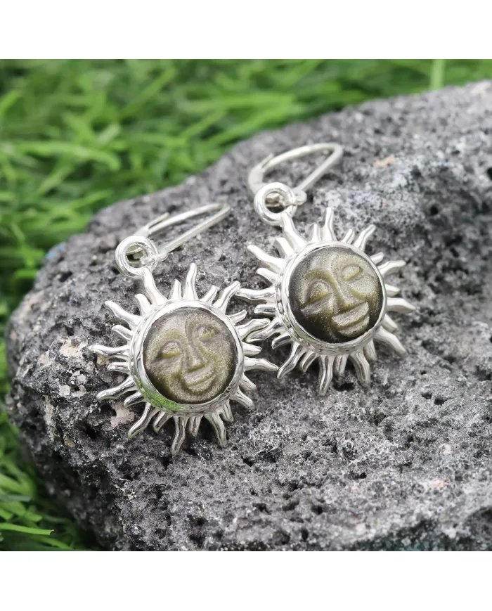 Natural Obsidian Jasper Face Carved Earrings - Sterling Silver Dangle Earrings for Women