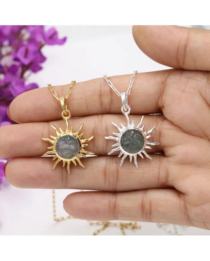 Moss Agate Face Carved Pendant - Sterling Silver Gold Plated Pendant Versatile Handmade Jewelry