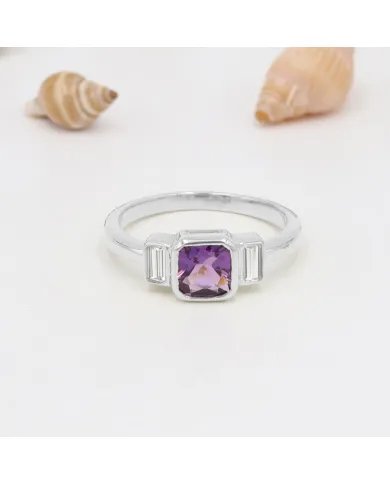 Amethyst Ring – Sterling Silver Swarovski Crystal Ring Handmade Classic Jewelry for Her