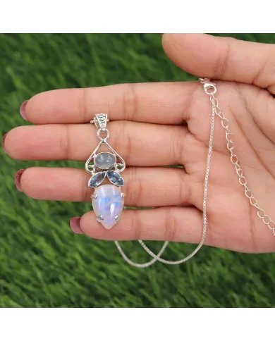 Rainbow Moonstone Pendant - 925 Sterling Silver Three Gemstone Jewelry