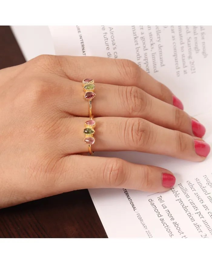Natural Pink & Green Tourmaline Ring - Sterling Silver Gold Plated Handmade Ring Minimalist Dainty Jewelry